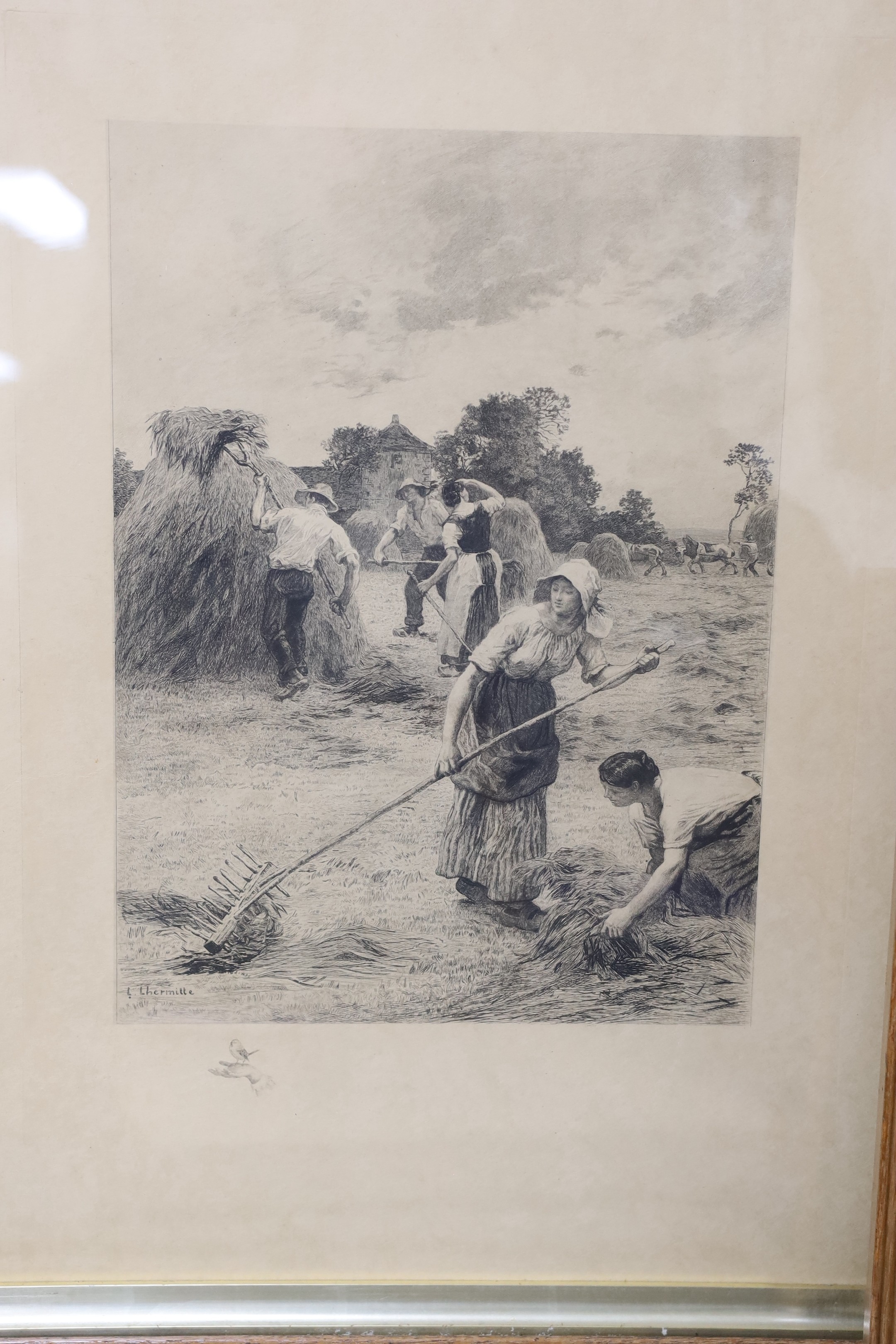 After Leon Lhermitte, etching, Haymaking, overall 60 x 43cm and two smaller prints after Yeend King and Debat-Ponson